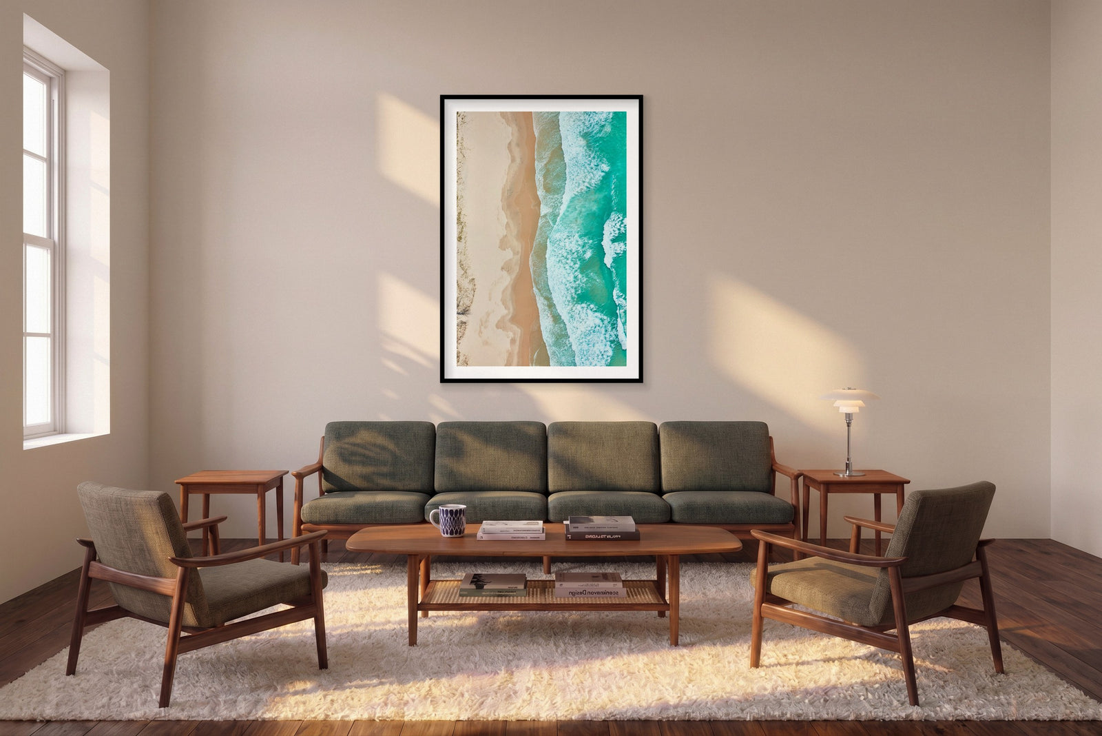 Waves, Byron Bay, Vertical Print shown framed in a living room