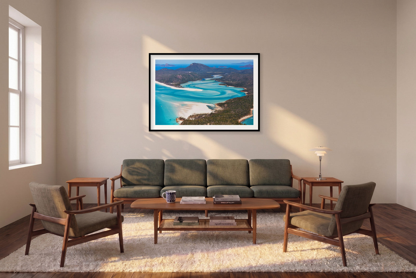 Whitehaven Beach, Horizontal Print shown framed in a living room