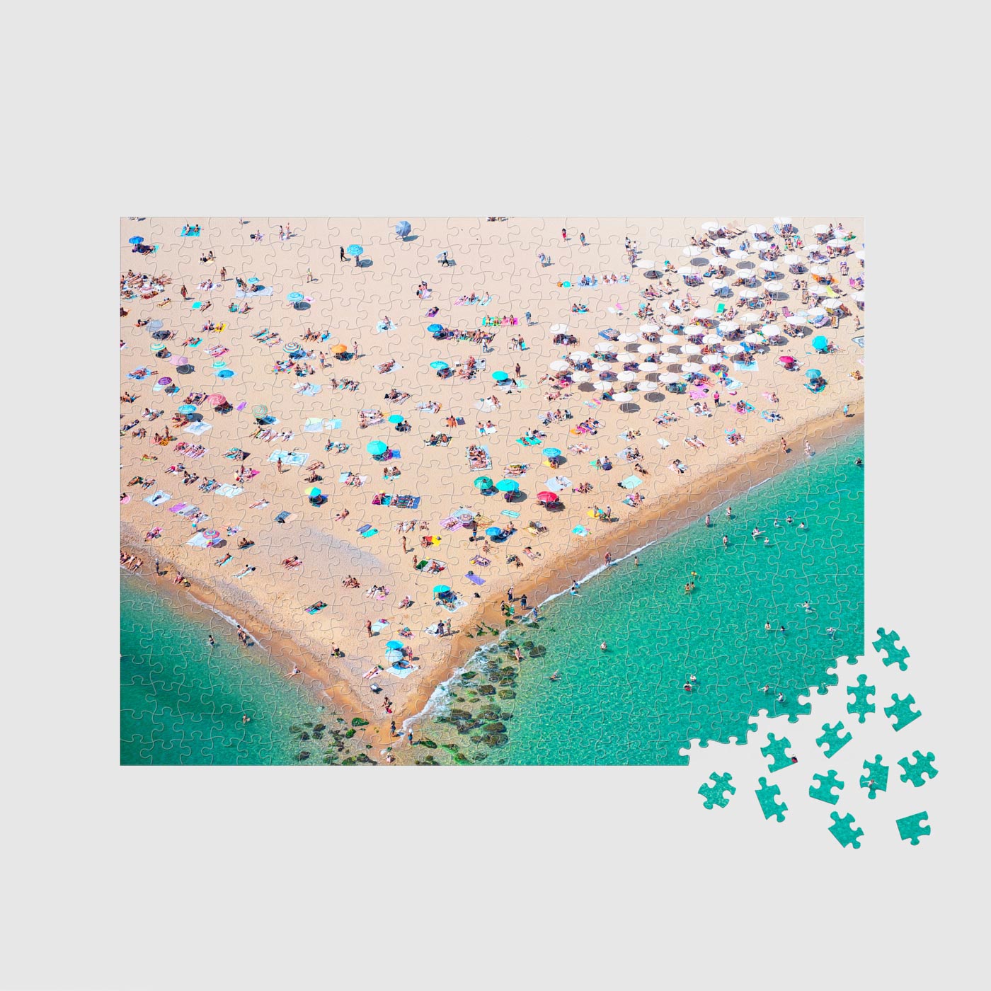 Aerial view of crowded Barcelona beach with turquoise Mediterranean water, 500 piece jigsaw puzzle by Remy Gerega