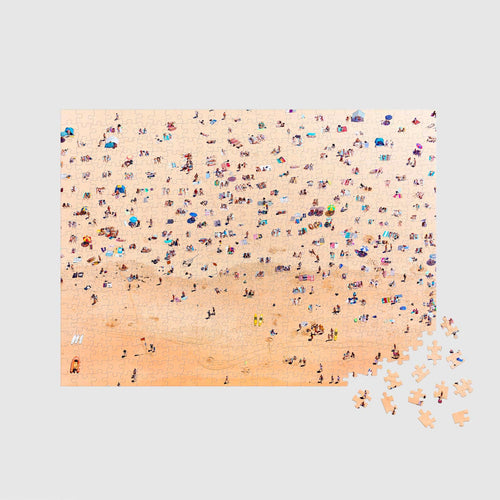 Aerial view of crowded Bondi Beach with colorful umbrellas and beachgoers,500 piece jigsaw puzzle by Remy Gerega