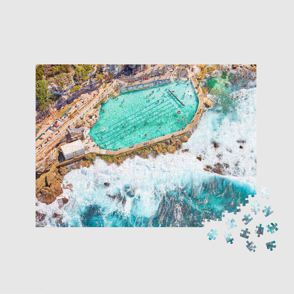 Aerial view of Bronte Baths ocean pool with turquoise water and crashing waves, 500 piece jigsaw puzzle by Remy Gerega