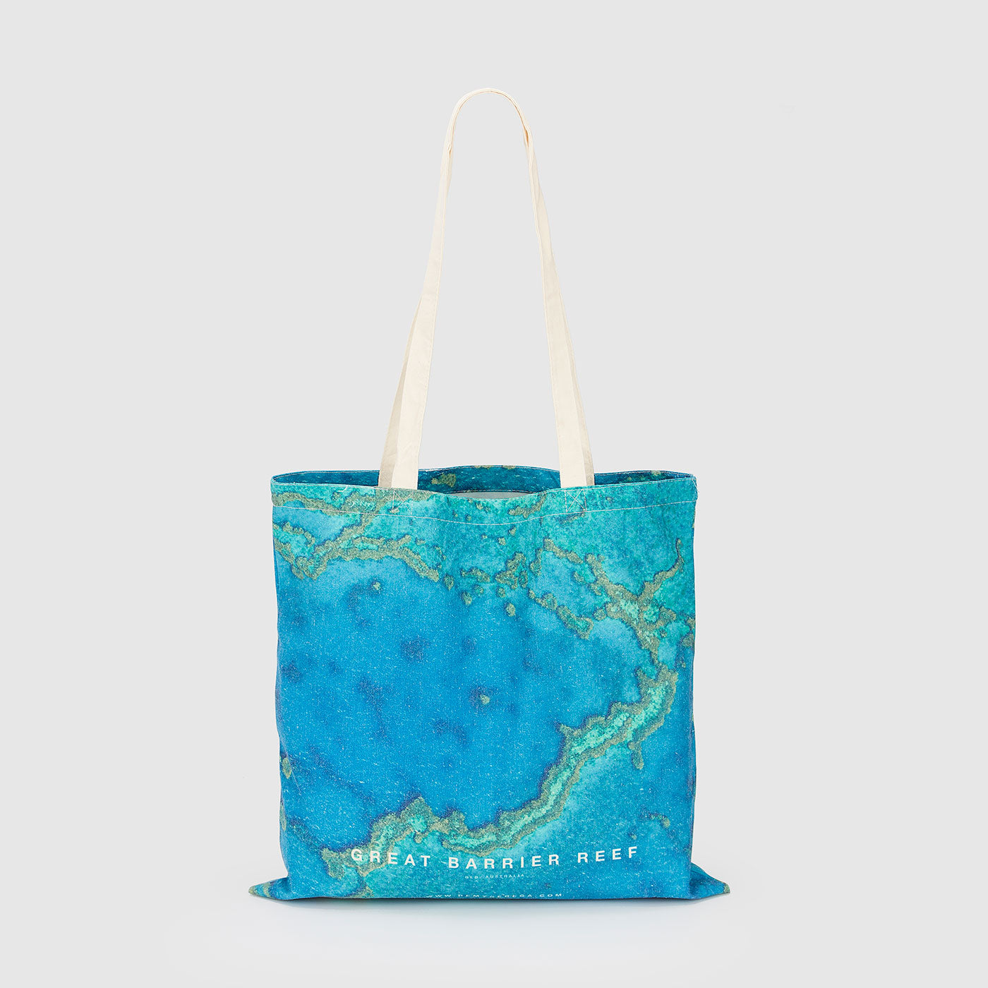 Aerial view of Great Barrier Reef turquoise waters and coral patterns from above, canvas tote bag by Remy Gerega