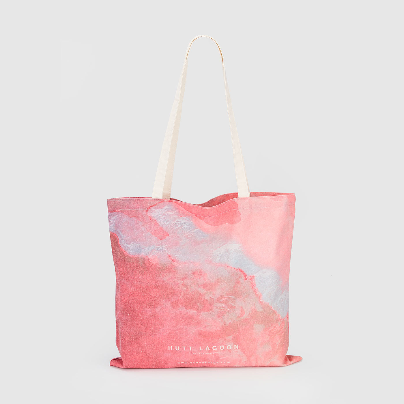 Hutt Lagoon pink and white aerial landscape on canvas tote bag, canvas tote bag by Remy Gerega