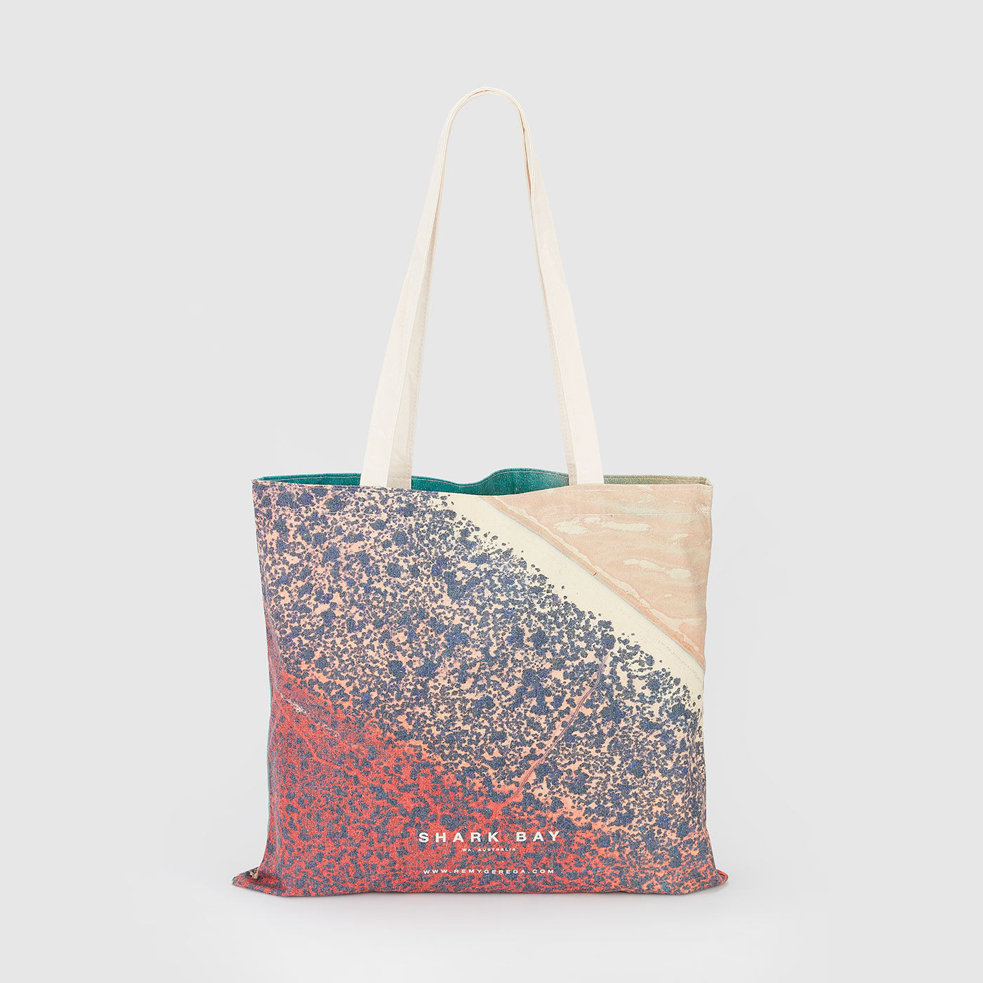 Shark Bay aerial view with red and teal water patterns, canvas tote bag by Remy Gerega