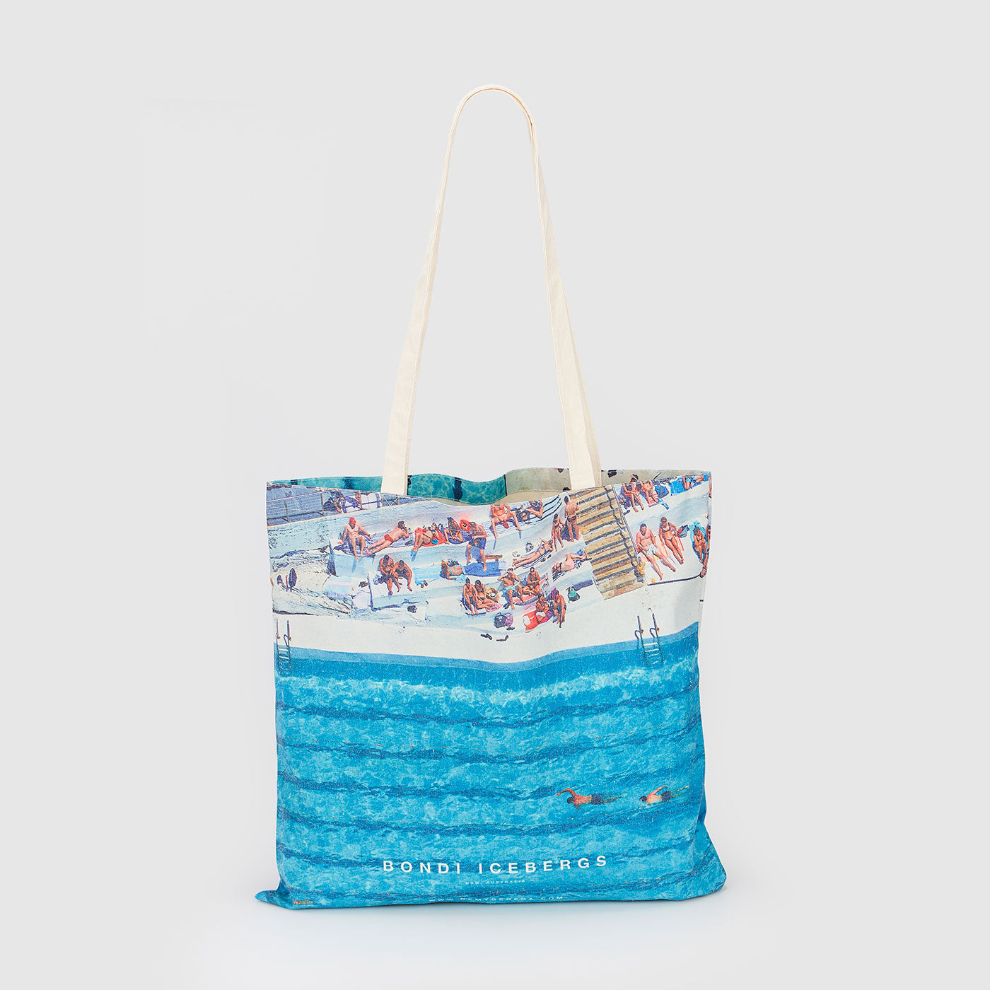 Bondi Beach swimmers aerial view canvas tote bag, canvas tote bag by Remy Gerega